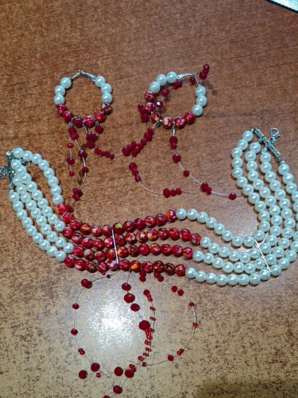 Red & White Multi-Strand Pearl and Bead Necklace Set with Matching Earrings